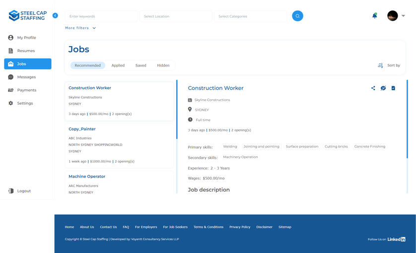 Candidate Job Finding page